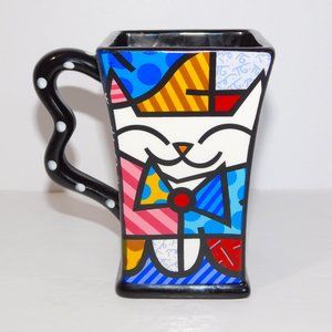 2008 Romero Britto Cat Kitten Square Ceramic Coffee Tea Mug Cup 14072 Signed